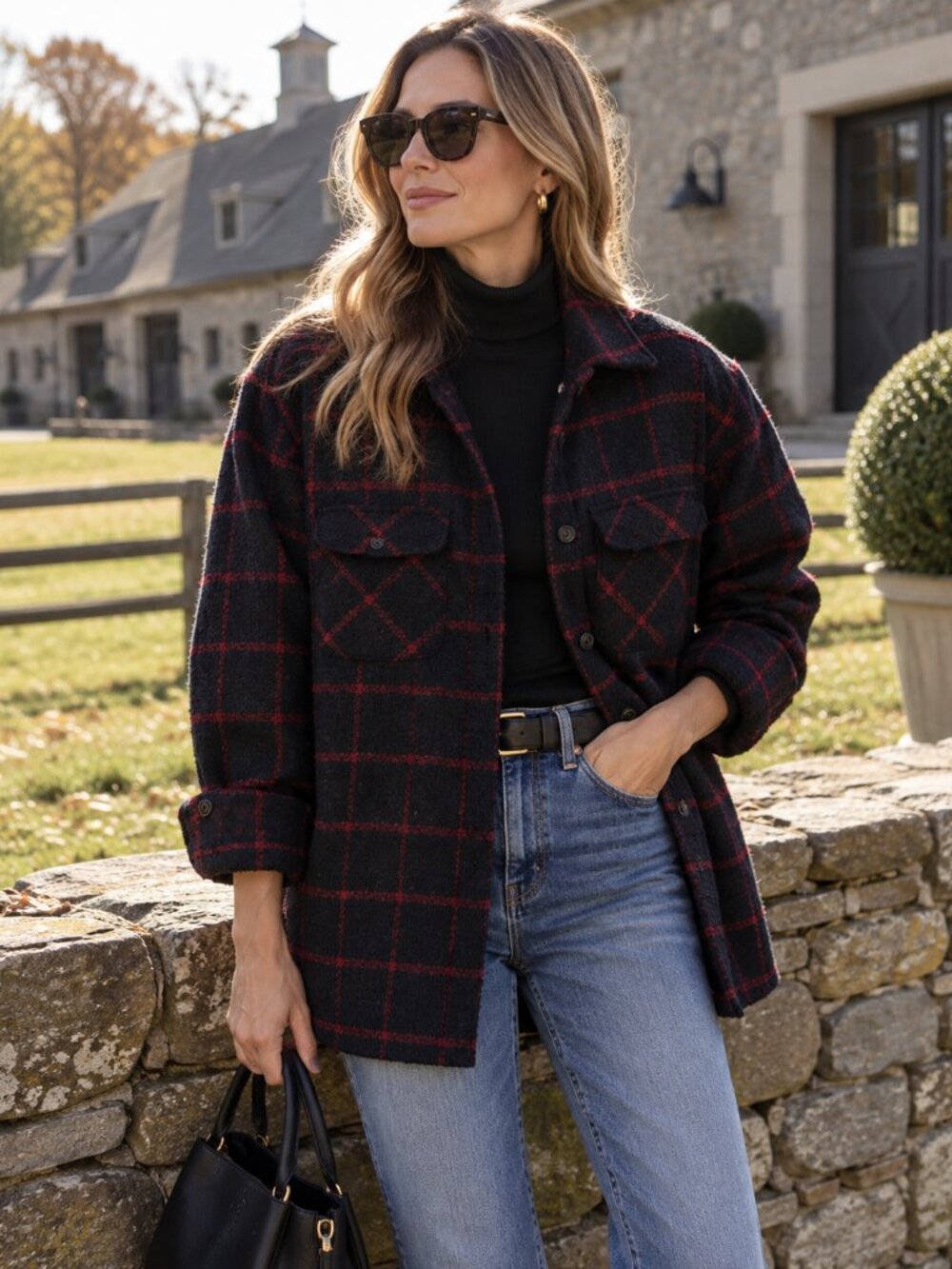 Anna Maria Paletti Wool Blend Shacket Navy Red Plaid Oversized Jacket IT 40